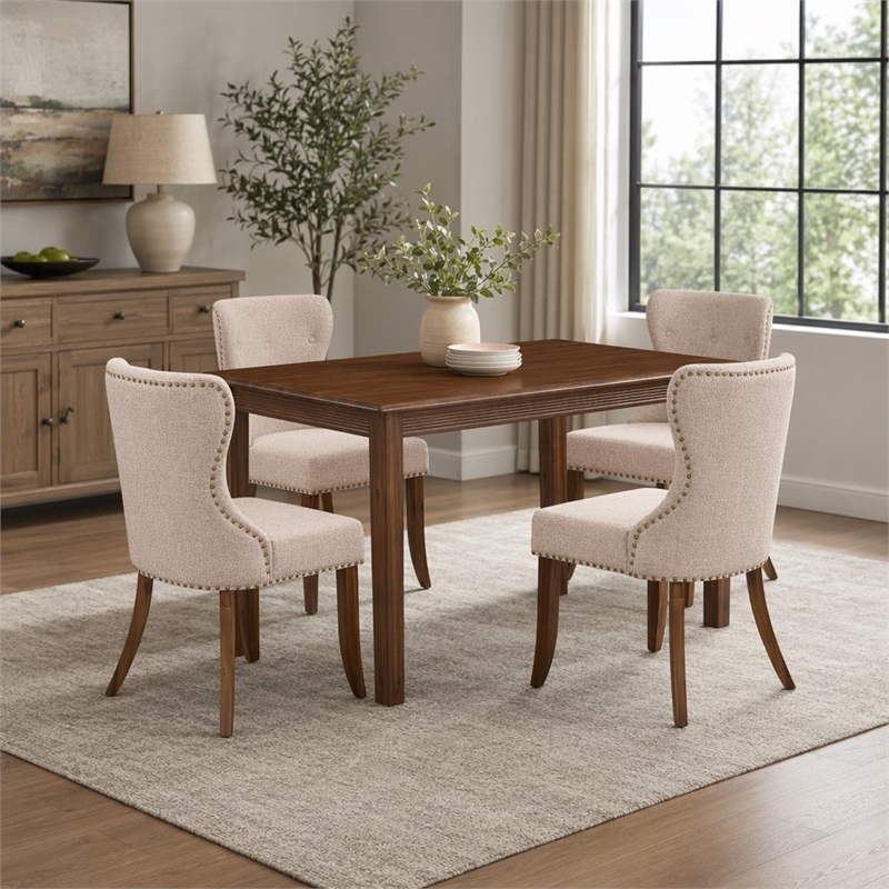 Pemberly Row 5 Piece Dining Table Set in Walnut Finish with Linen Chairs