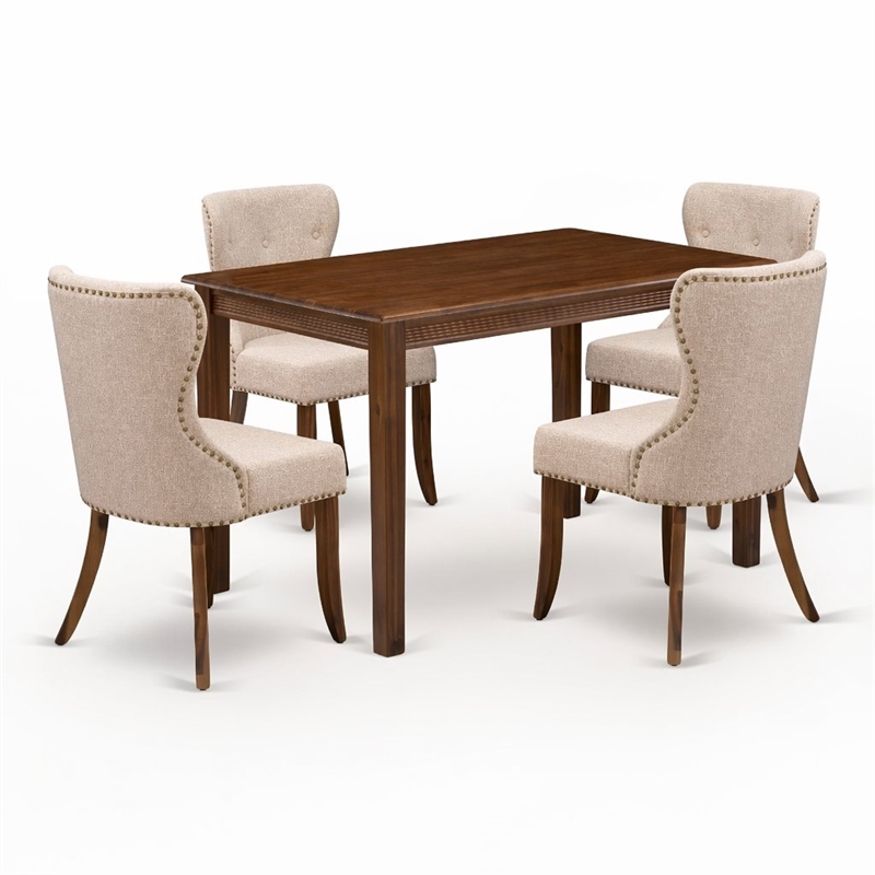 Pemberly Row 5 Piece Dining Table Set in Walnut Finish with Linen Chairs