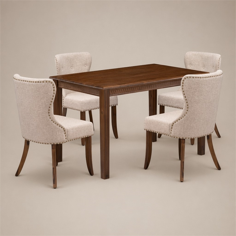Pemberly Row 5 Piece Dining Table Set in Walnut Finish with Linen Chairs