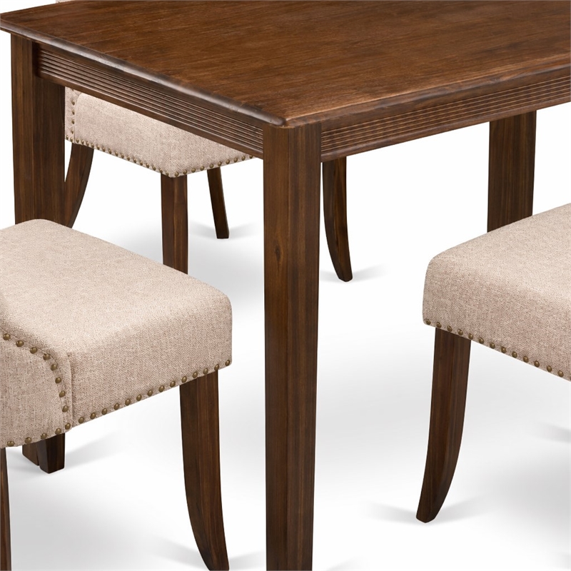 Pemberly Row 5 Piece Dining Table Set in Walnut Finish with Linen Chairs