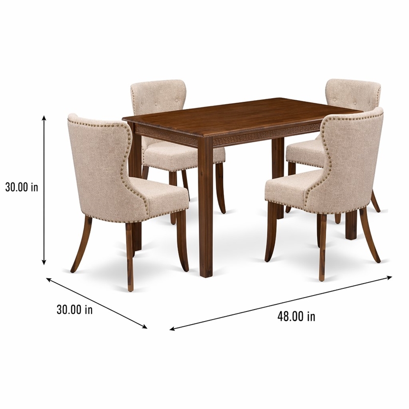 Pemberly Row 5 Piece Dining Table Set in Walnut Finish with Linen Chairs