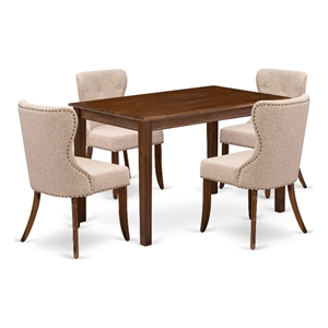Pemberly Row 5 Piece Dining Table Set in Walnut Finish with Linen Chairs