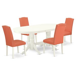 Pemberly Row 5-Piece White Dining Set with Pink Flamingo Parson Chairs