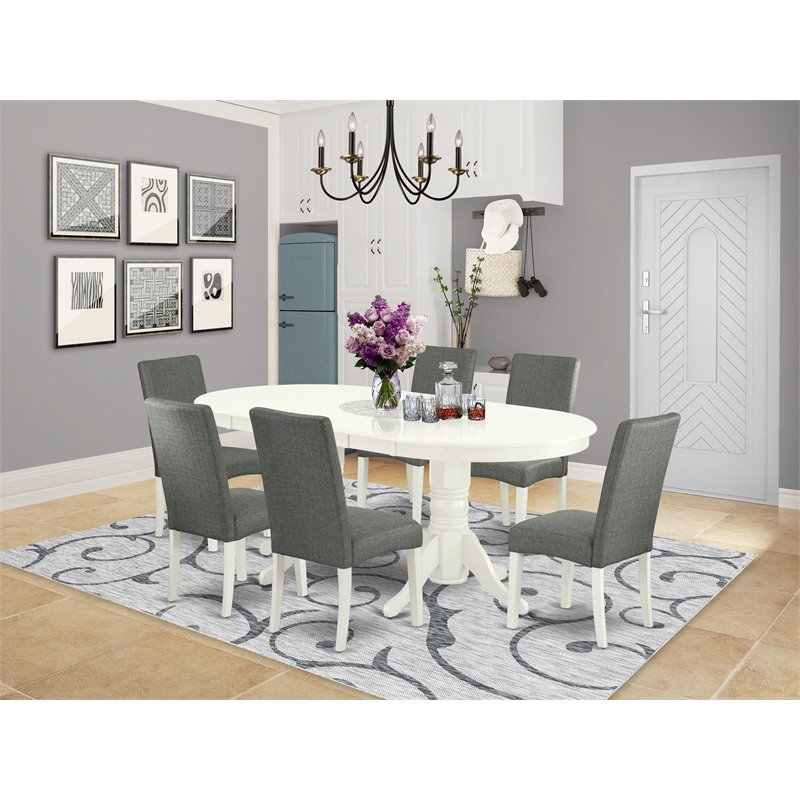 Pemberly Row 7-Piece Oval Dining Set with Rubber Wood in Linen White and Gray
