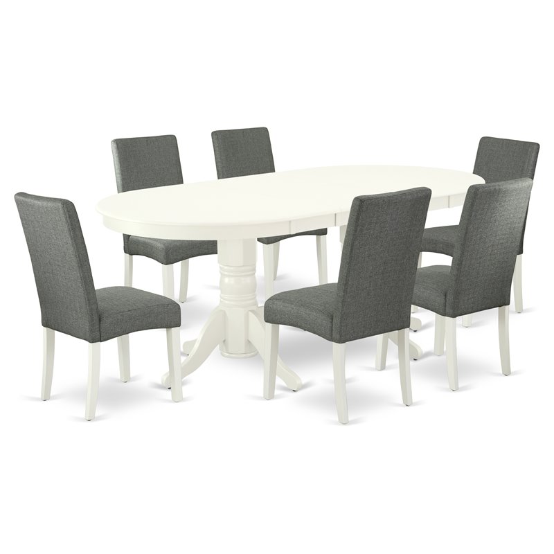Pemberly Row 7-Piece Oval Dining Set with Rubber Wood in Linen White and Gray