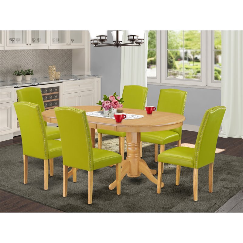 Pemberly Row 7-Piece Wood Dining Set with Oak Finish and Autumn Green Chairs