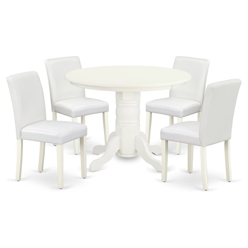 Pemberly Row 5-Piece Wood Dining Set in Linen White and White Leather