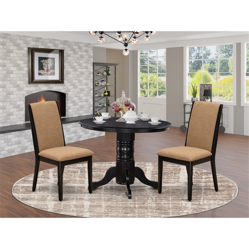 Pemberly Row 3-Piece Wood Dining Table Set in Black with Fabric Chairs