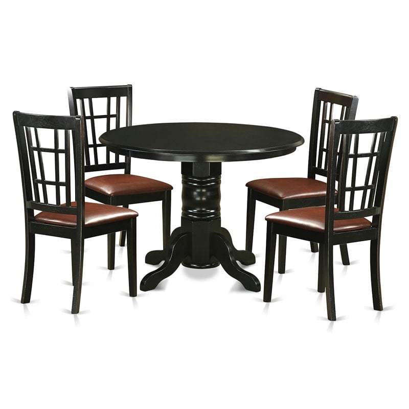 Pemberly Row 5-Piece Wood Dining Room Table Set with Leather Seats in Black