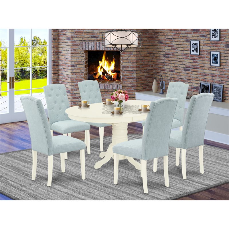 Pemberly Row 7-Piece Rubberwood Oval Dinette Set in Linen White & Baby Blue
