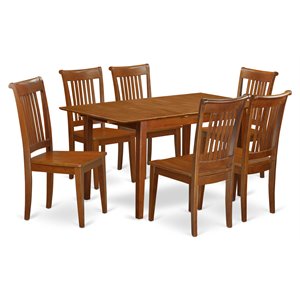 Pemberly Row 7-Piece Wood Dining Set in Saddle Brown with Wooden Seats