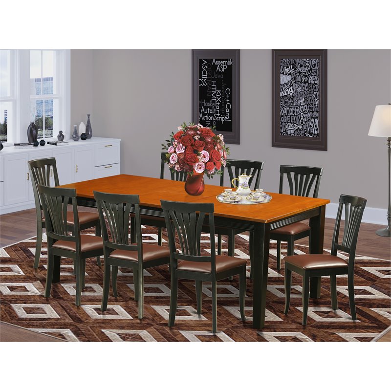 Pemberly Row 9-Piece Dining Set w/ Faux Leather Chairs in Black and Cherry