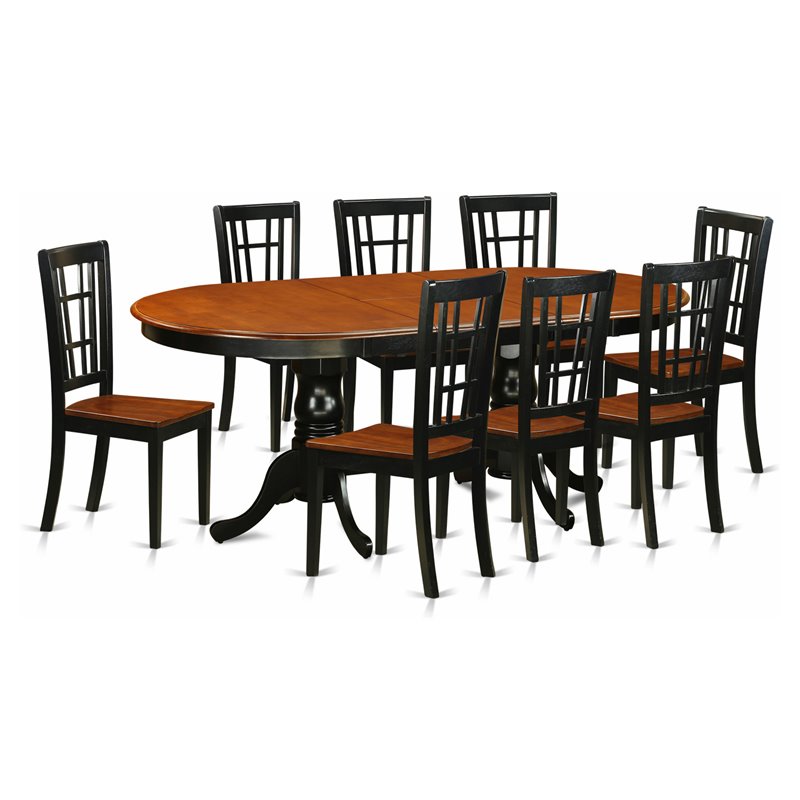 Pemberly Row 9-Piece Dining Table Set with Wood Chairs in Black and Cherry