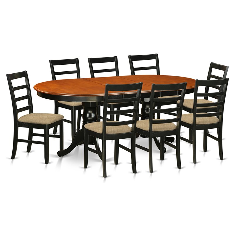 Pemberly Row 9-Piece Dining Set with Linen Chairs in Black and Cherry