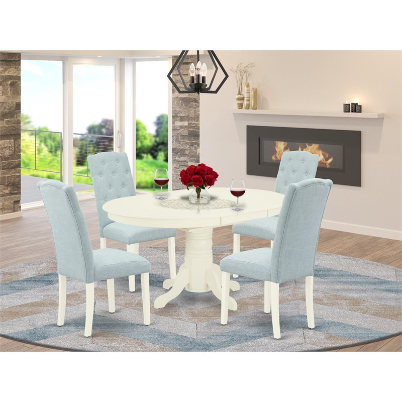 Pemberly Row 5-Piece Oval Dining Set in Linen White with Baby Blue Details