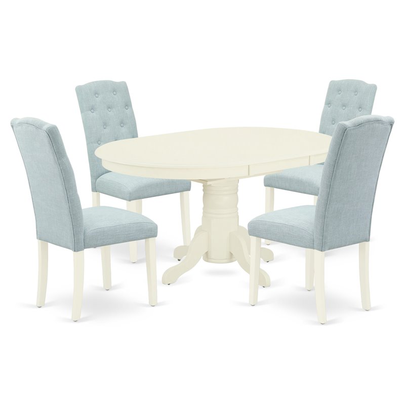 Pemberly Row 5-Piece Oval Dining Set in Linen White with Baby Blue Details