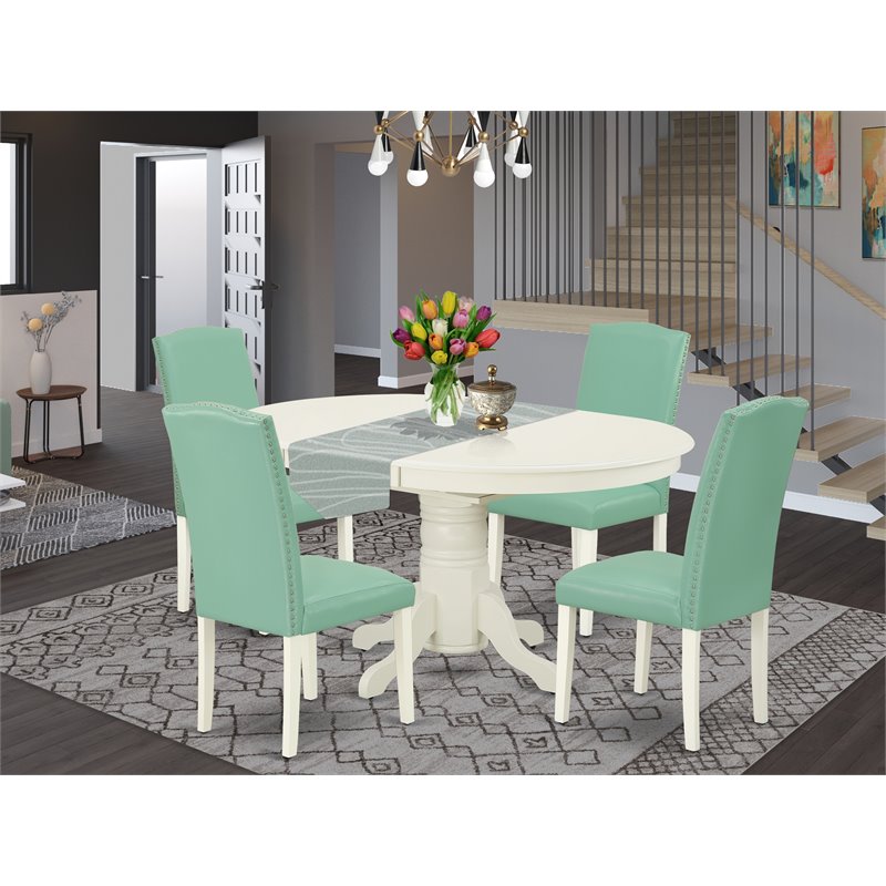 Pemberly Row 5-Piece Wood Dining Set in Linen White and Pond PU Leather
