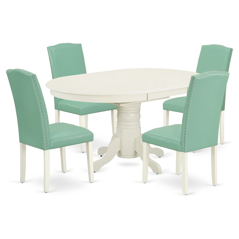 Pemberly Row 5-Piece Wood Dining Set in Linen White and Pond PU Leather
