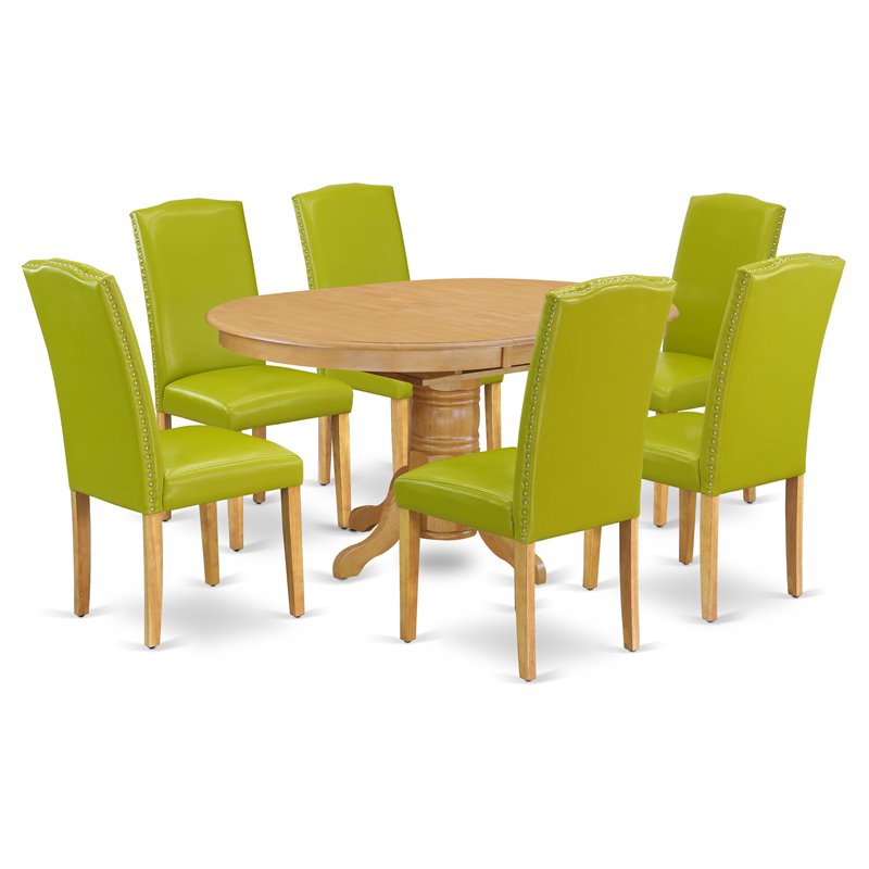Pemberly Row 7-Piece Wooden Dining Set in Oak & Autumn Green Upholstery