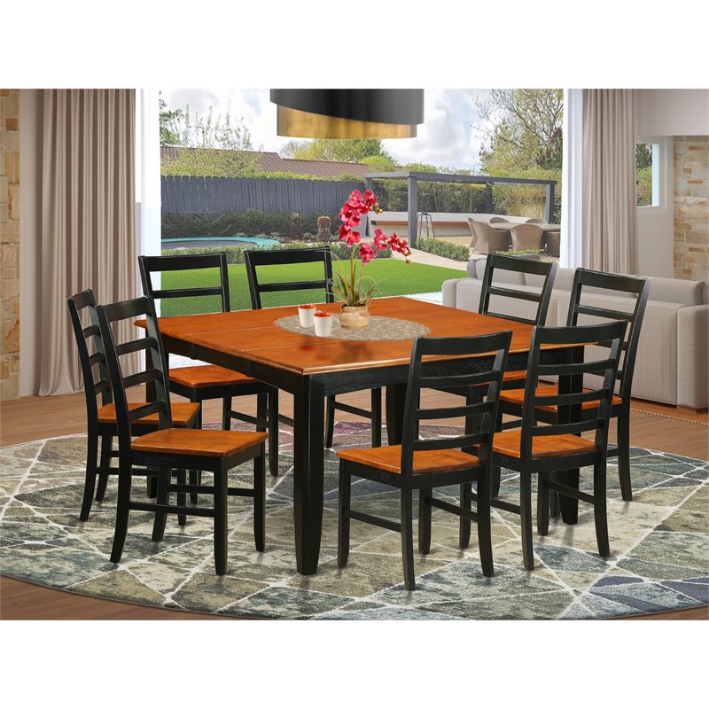 Pemberly Row 9-Piece Dining Set with Wood Seats in Black and Cherry Finish