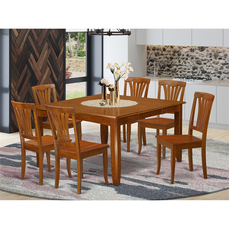 Pemberly Row 7-Piece Dining Set Wood Seat in Saddle Brown
