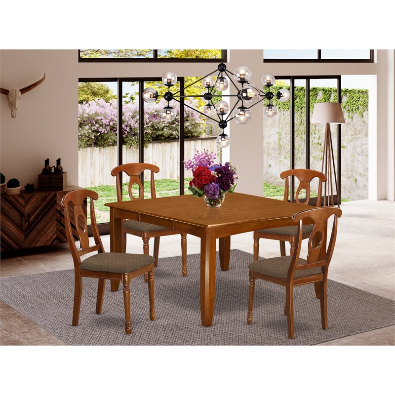 Pemberly Row 5-Piece Saddle Brown Dining Set with Fabric Seat Chairs