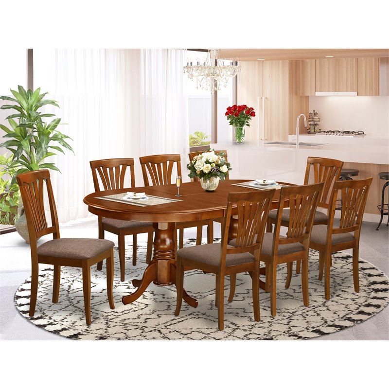 Pemberly Row 9-Piece Dining Set with Fabric Seat Chairs in Saddle Brown