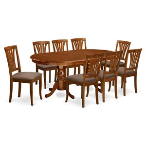 Pemberly Row 9-Piece Dining Set with Fabric Seat Chairs in Saddle Brown