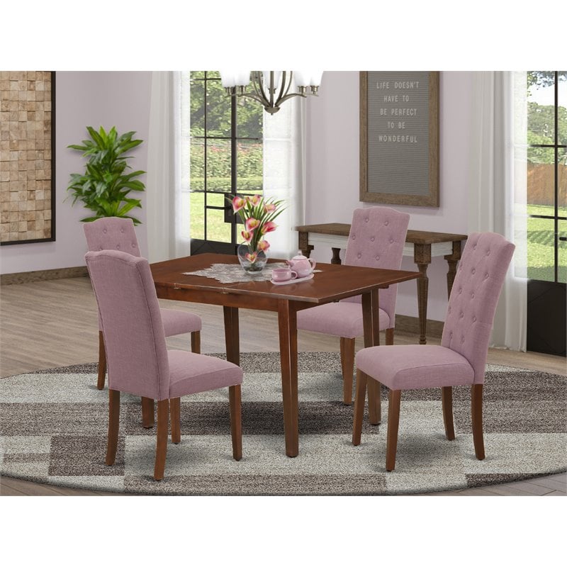Pemberly Row 5-Piece Wood Dining Set with Mahogany Finish and Linen Upholstery