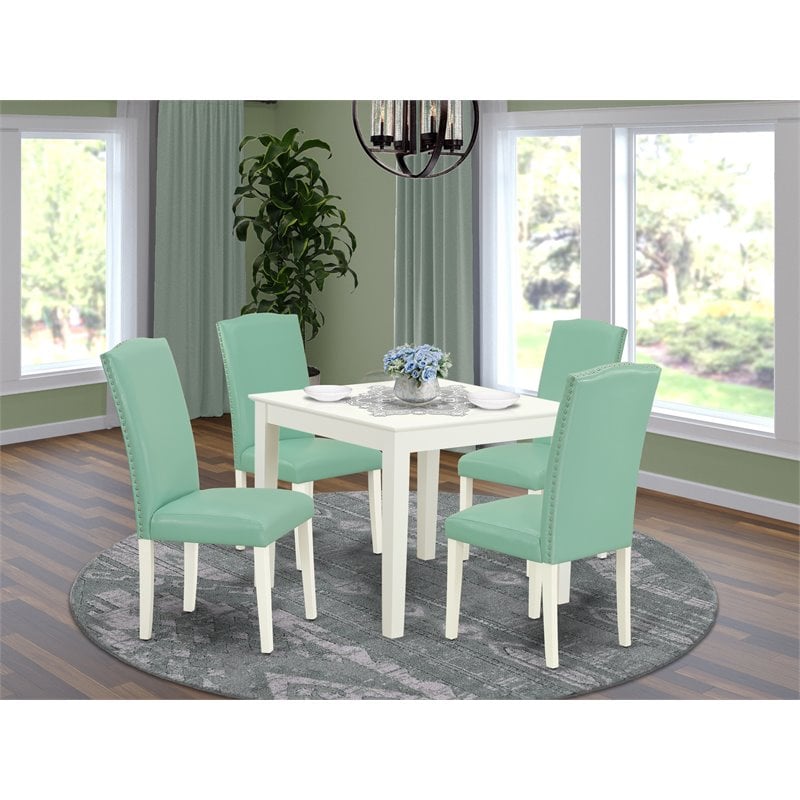 Pemberly Row 5-Pc Wood Dining Set in Linen White with Pond Upholstery