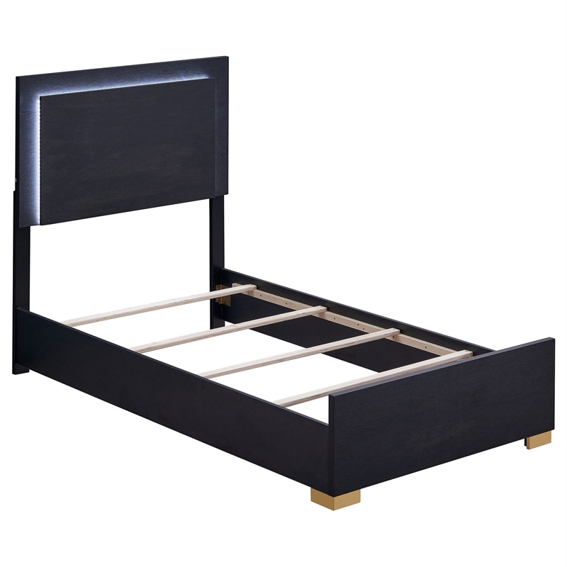 Pemberly Row Twin Size LED Headboard Bed in Black with Gold Legs