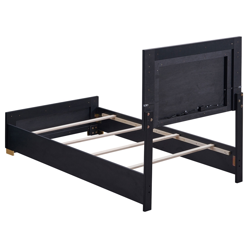 Pemberly Row Twin Size LED Headboard Bed in Black with Gold Legs