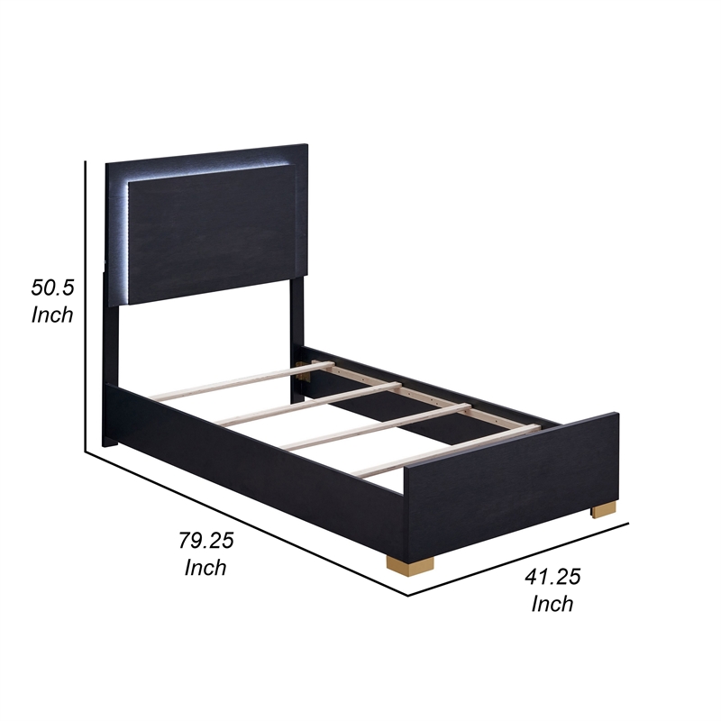 Pemberly Row Twin Size LED Headboard Bed in Black with Gold Legs