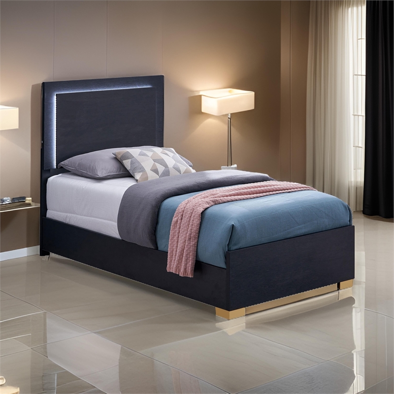 Pemberly Row Twin Size LED Headboard Bed in Black with Gold Legs