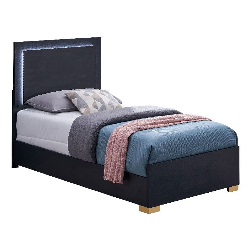 Pemberly Row Twin Size LED Headboard Bed in Black with Gold Legs