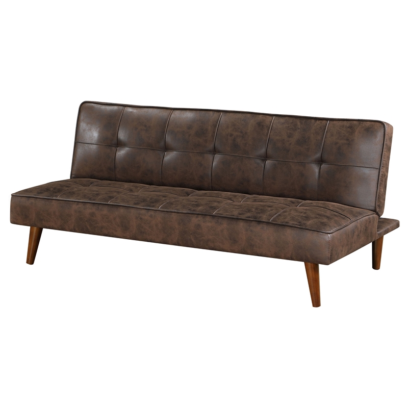 Pemberly Row Convertible Futon Sofa Bed Sleeper in Dark Brown Faux Leather