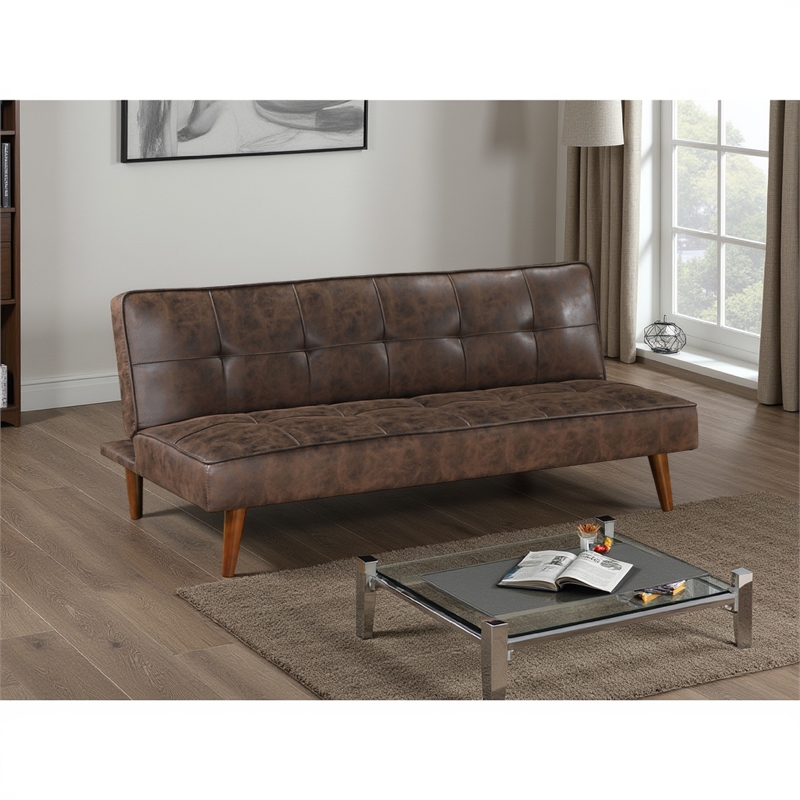 Pemberly Row Convertible Futon Sofa Bed Sleeper in Dark Brown Faux Leather