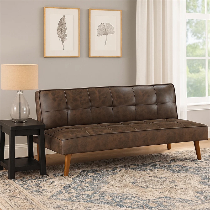 Pemberly Row Convertible Futon Sofa Bed Sleeper in Dark Brown Faux Leather