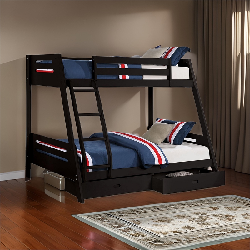 Pemberly Row Twin over Full Bunk Bed with Ladder and 2 Drawers in Black