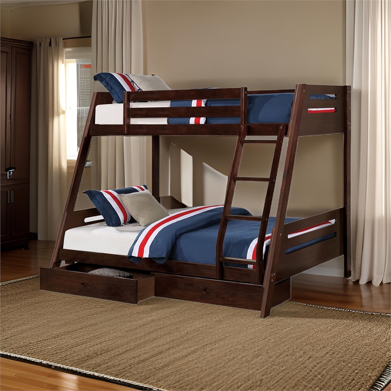 Pemberly Row Twin over Full Bunk Bed with 2 Drawers in Espresso Brown