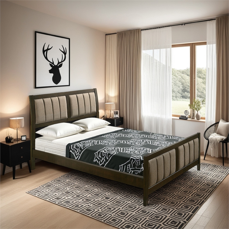 Pemberly Row Queen Bed with Channel Tufted Headboard in Dark Brown