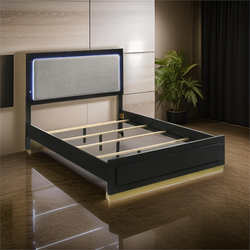 Pemberly Row King Bed with LED Tall Headboard in Gray and Black