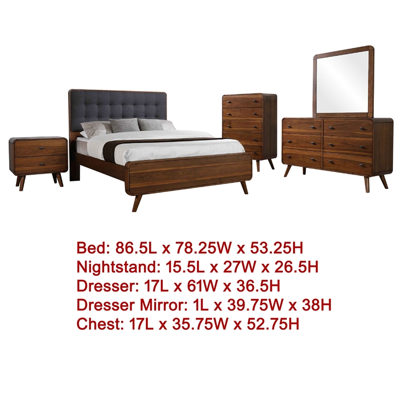 Pemberly Row 5 Piece King Bedroom Set in Walnut Brown and Dark Gray