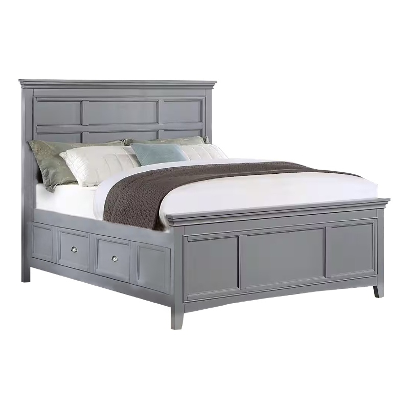 Pemberly Row Queen Bed with Crown Moulding and Storage Drawers in Gray