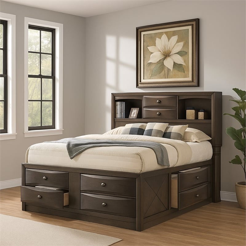 Pemberly Row King Bed with Bookcase Headboard and Storage Drawers in Gray