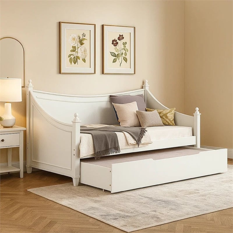 Pemberly Row Twin Daybed with Trundle and Molded Details in White