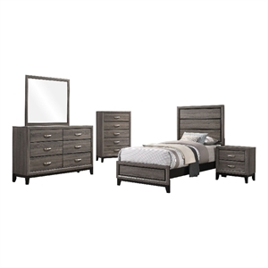 Pemberly Row 5 Piece Twin Bedroom Set in Oak Gray with Black Accents