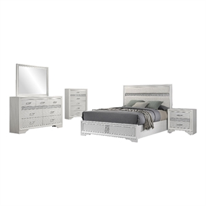 Pemberly Row 5 Piece Full Bedroom Set with Glitter Accent in White