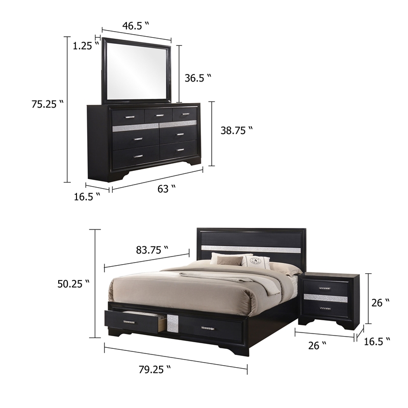 Pemberly Row 4 Piece King Storage Bedroom Set with Glitter in Black