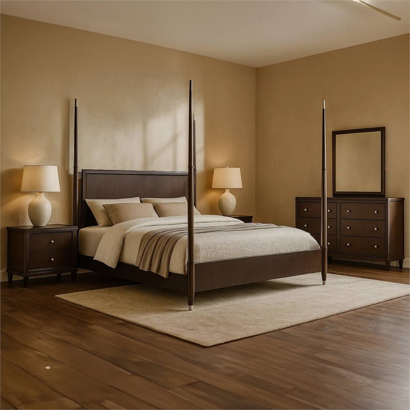 Pemberly Row 4 Piece Queen Poster Bedroom Set in Modern Dark Brown